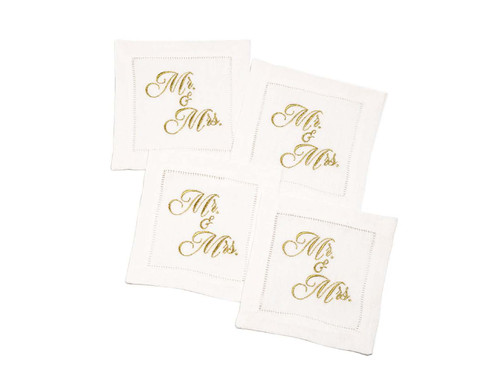 Embroidered Linen Cocktail with Hemstitch - "Mr. & Mrs." (Gold) - 5.75" x 5.75" - 4 Units per Pack