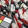 Red & White Floral on Black Mesh Fabric