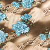 Roses and Lace Jersey Mesh Knit Fabric |  Teal Blue on Brown and Tan | Fashion Fabric | 45 Inch Wide | By The Yard