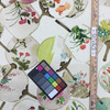 Chinoiserie Botanical Fans Felt-Backed Fabric | Off White / Red / Green / Pink | Upholstery / Drapery | 54" Wide | By the Yard |  Mia in Multi