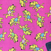 Tossed Yellow Dog on Bubble Gum Pink Novelty Woven Print Fabric | Easy Care Scrub Weight | Poly Cotton Blend | 60 inch Wide | By The Yard