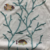 Coral Column with Fish in Aqua Blue / Orange / Ivory | Drapery Fabric | Embroidered Linen | Lightweight | 54" Wide | By the Yard