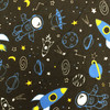 0.75 Yard Piece of Space Travelers in Black / Blue / Yellow | Juvenile Flannel Fabric | 44 Wide | 100% Cotton | By The Yard