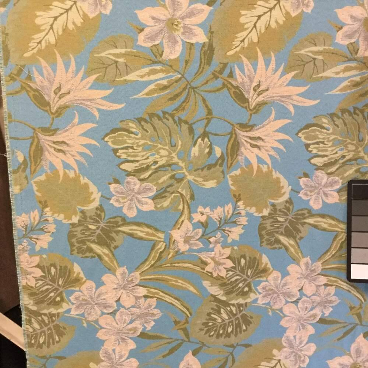 Sky Blue Floral Upholstery Fabric Extra Heavy Duty Tan Green Vine