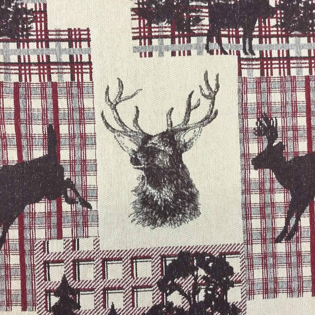 Deer Patchwork Fabric in Brown / Dark Red / Off-White, Heavyweight  Upholstery, 54 Wide, By the Yard