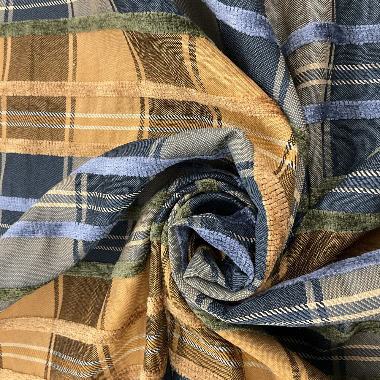 Striped Raised Chenille Velvet in Dark Blue and Brown, R-DIXON BLUESTONE, Upholstery  Fabric, Regal Fabrics Brand, 54 inch Wide
