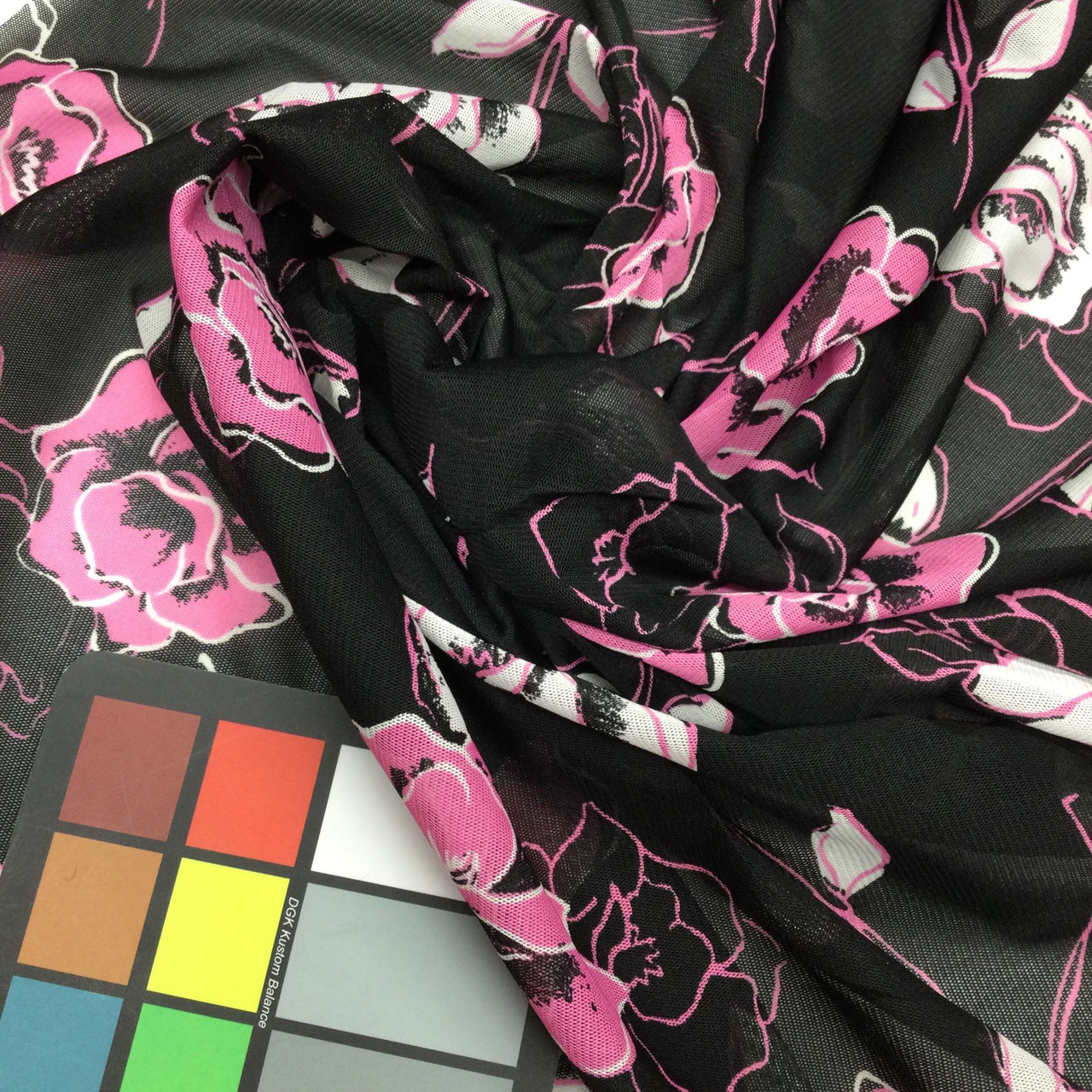 Black and Pink Floral Print Mesh Fabric, Stretch Sheer Lightweight