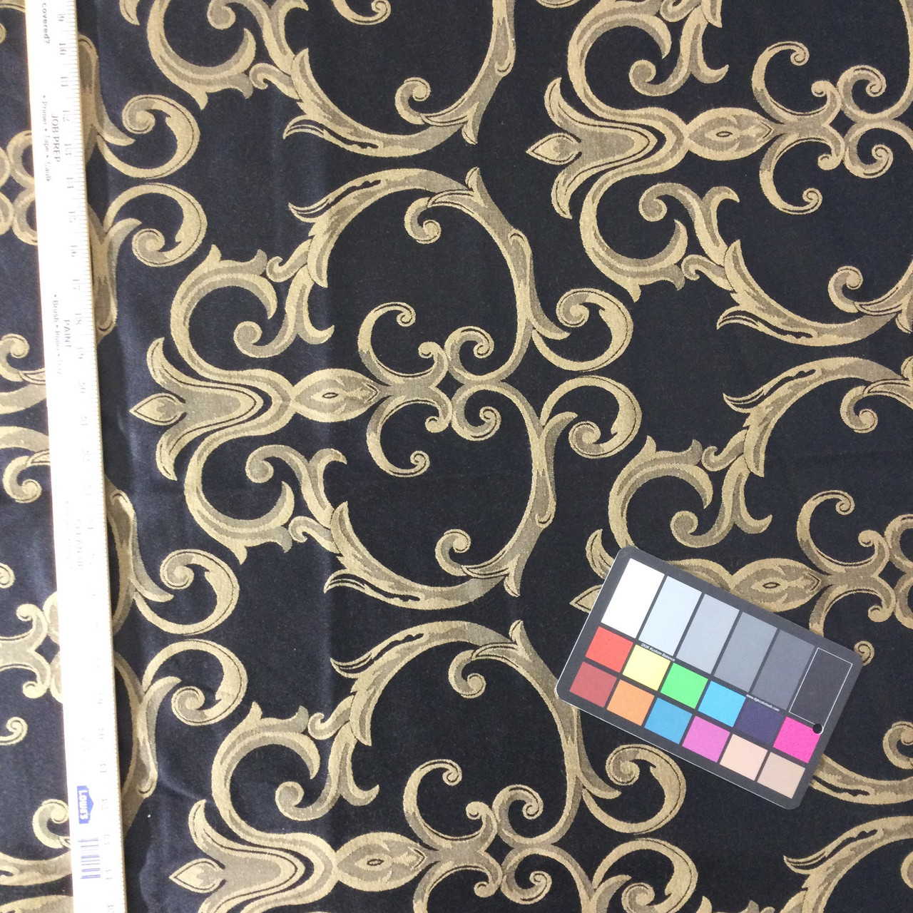 Scrollwork in Black / Tan, Upholstery Fabric, 54 Wide