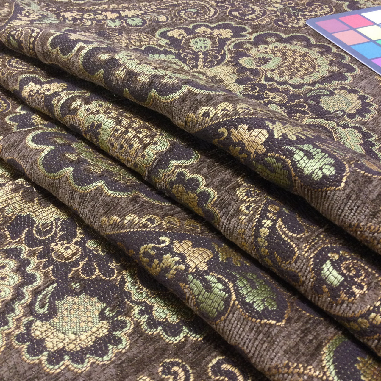 Dubai in Moss | Jacquard Upholstery Fabric | Large-scale Damask in Brown /  Green / Bronze | Heavyweight | 54