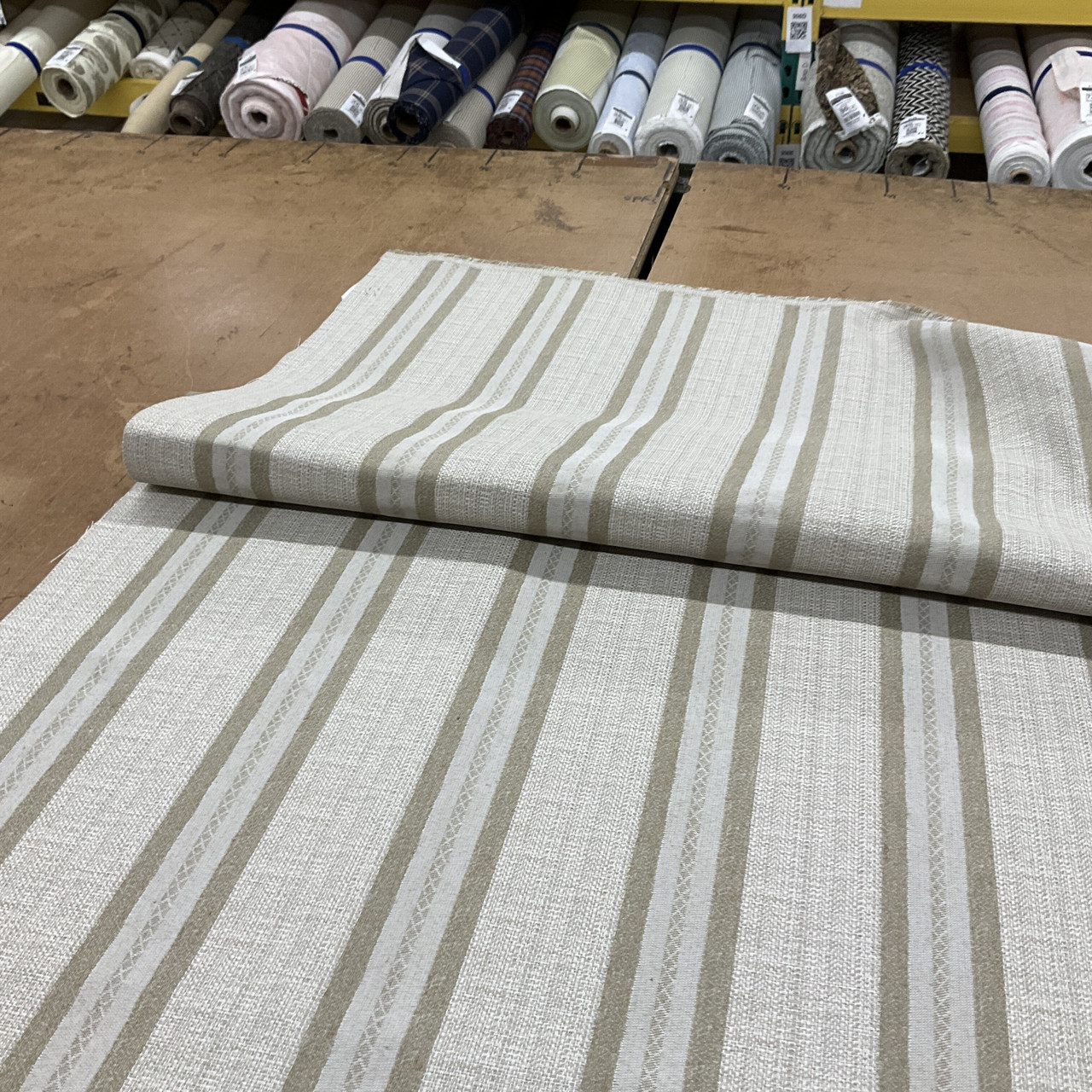 Beige And Off White Two Toned Striped Upholstery Fabric By The