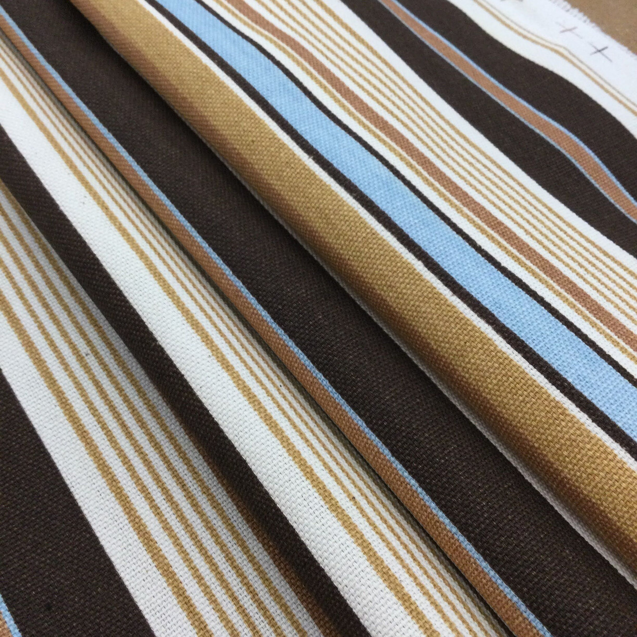 Cream Denim Blue Nautical Ticking Stripe Upholstery Drapery Fabric