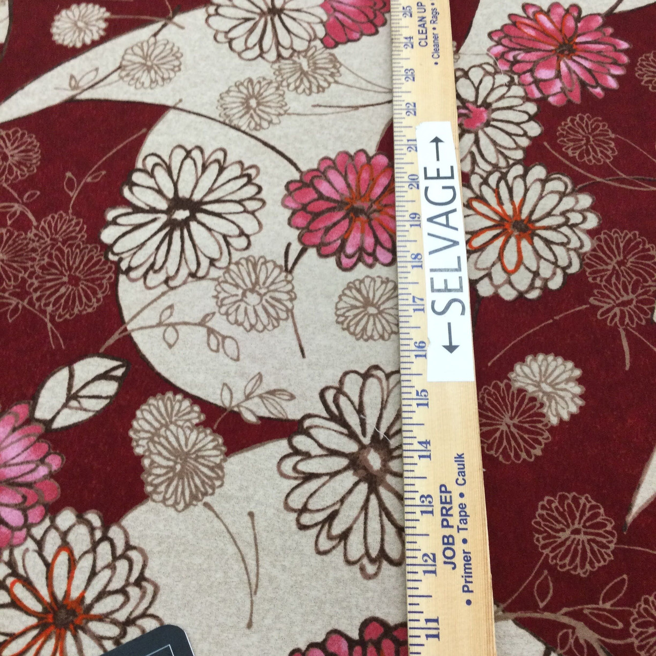 Line Drawn Floral Dahlias in Brick Red and Tan, Jersey Knit Stretch Fabric, Clothing and Apparel, By The Yard