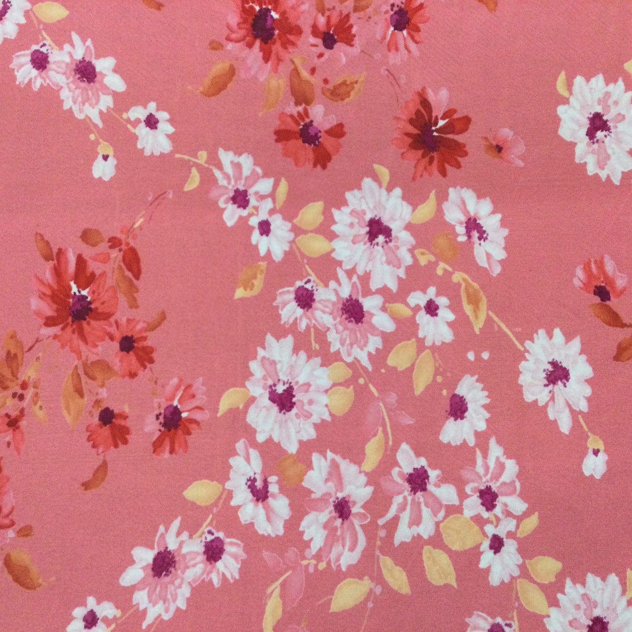 Pink and Red Painted Floral on Coral | Lightweight Sheer Mesh Jersey Knit  Fabric | Clothing and Apparel | By The Yard | 60 Inch Wide