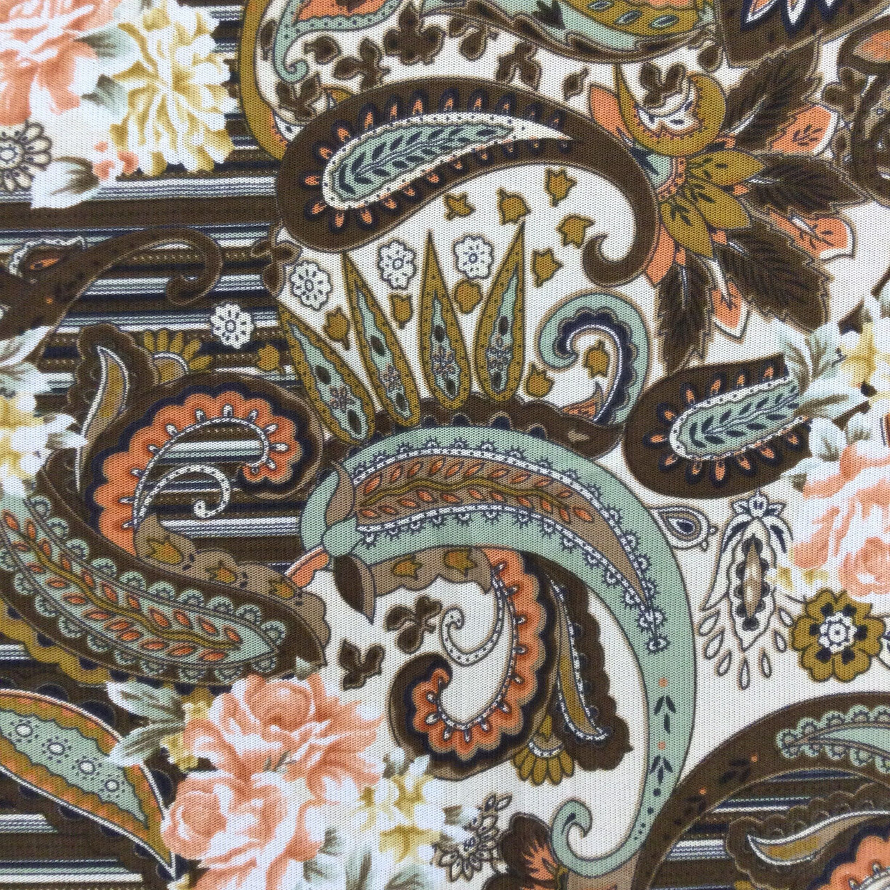Retro Floral and Paisley in Orange and Brown   Sheer Knit Mesh Stretch  Fabric   Clothing and Apparel   By The Yard    inch Wide