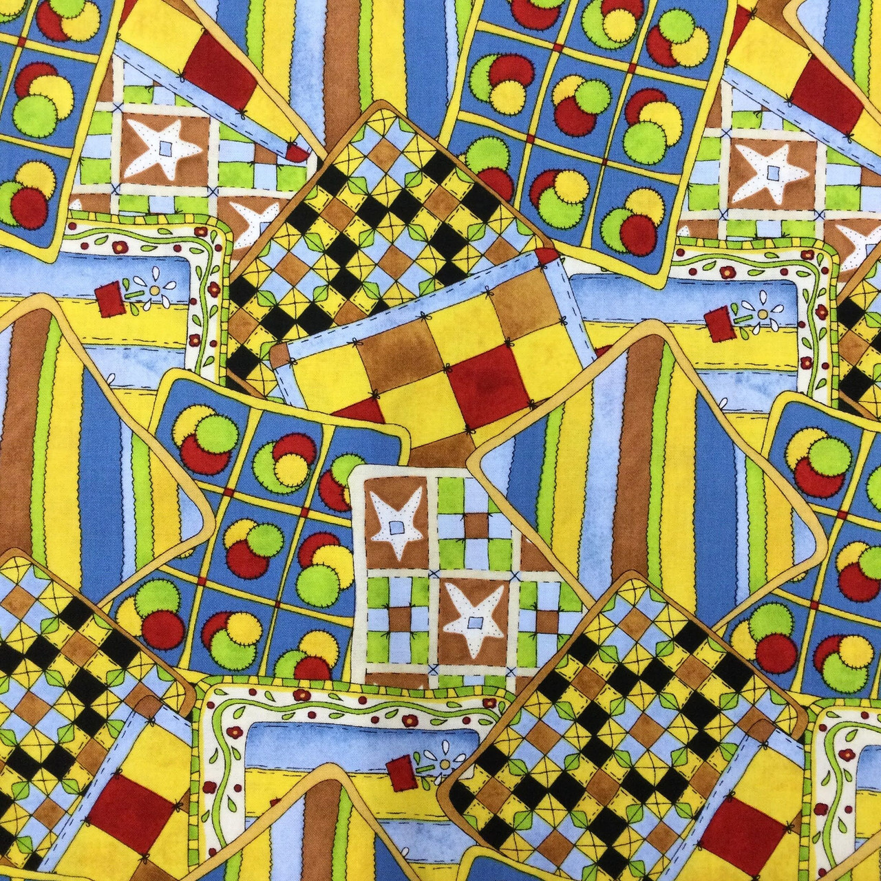 Patchwork Quilt Squares on Yellow/Blue/Brown/Red, South Sea imports, Quilting Fabric, 100% Cotton, 44 wide