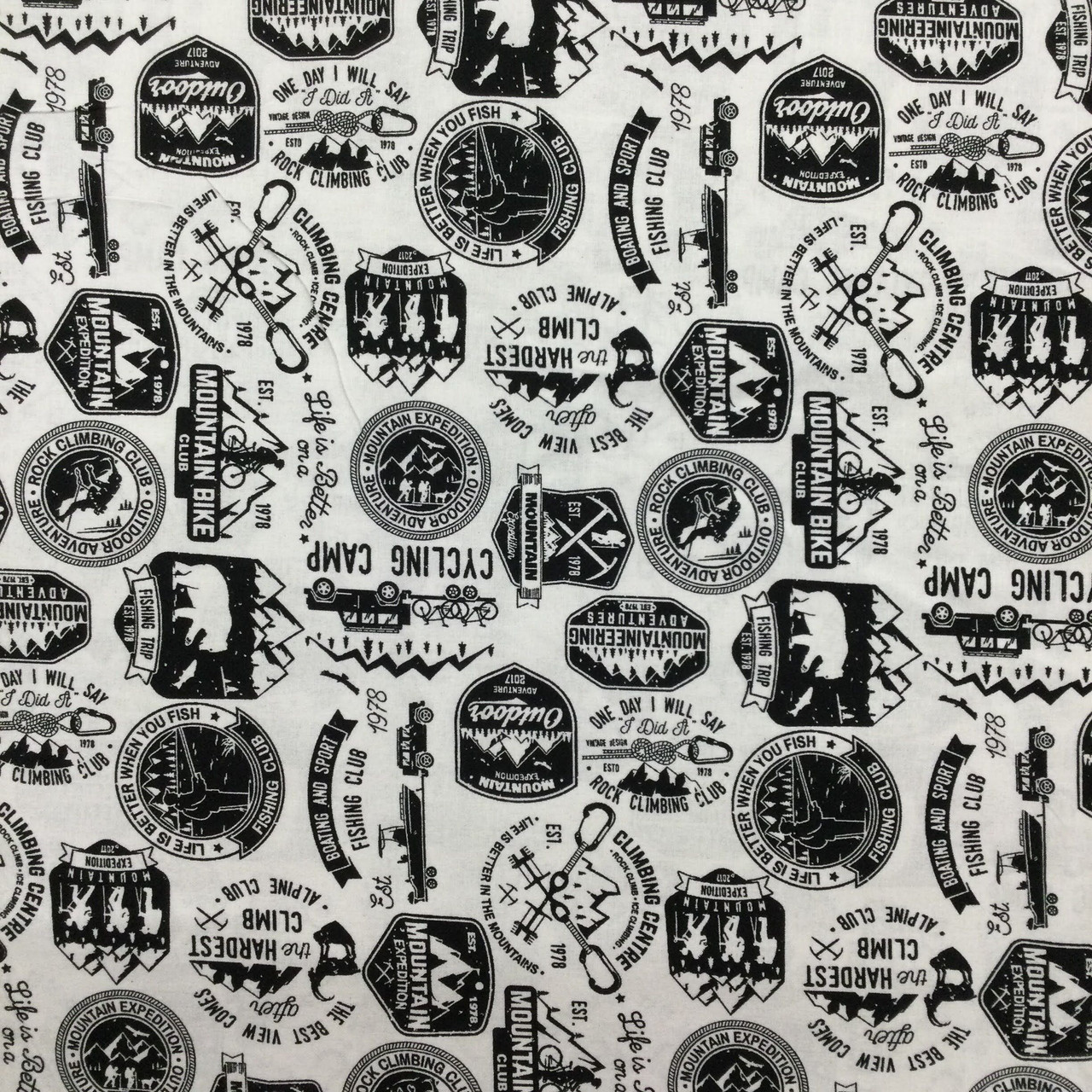 Outdoor Sports Black and White | Quilting Fabric | 100% Cotton