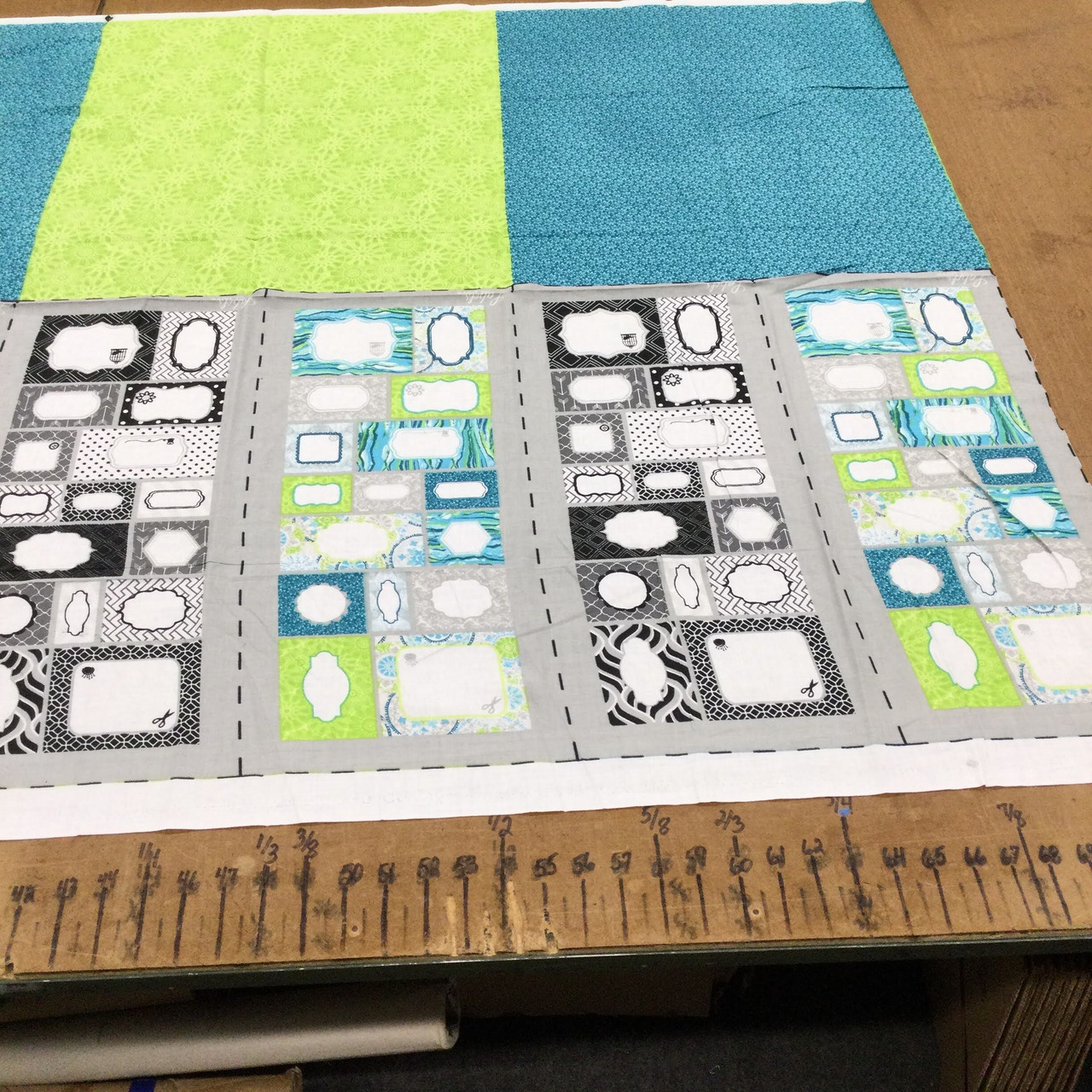Labels Panel 36x44, Black / White / Blue / Green, Quilting Fabric, 100%  Cotton, 44 wide