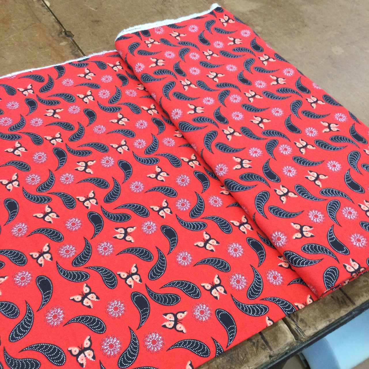 Butterflies and Motifs in Red and Black Flannel Fabric, 44 Wide, 100%  Cotton