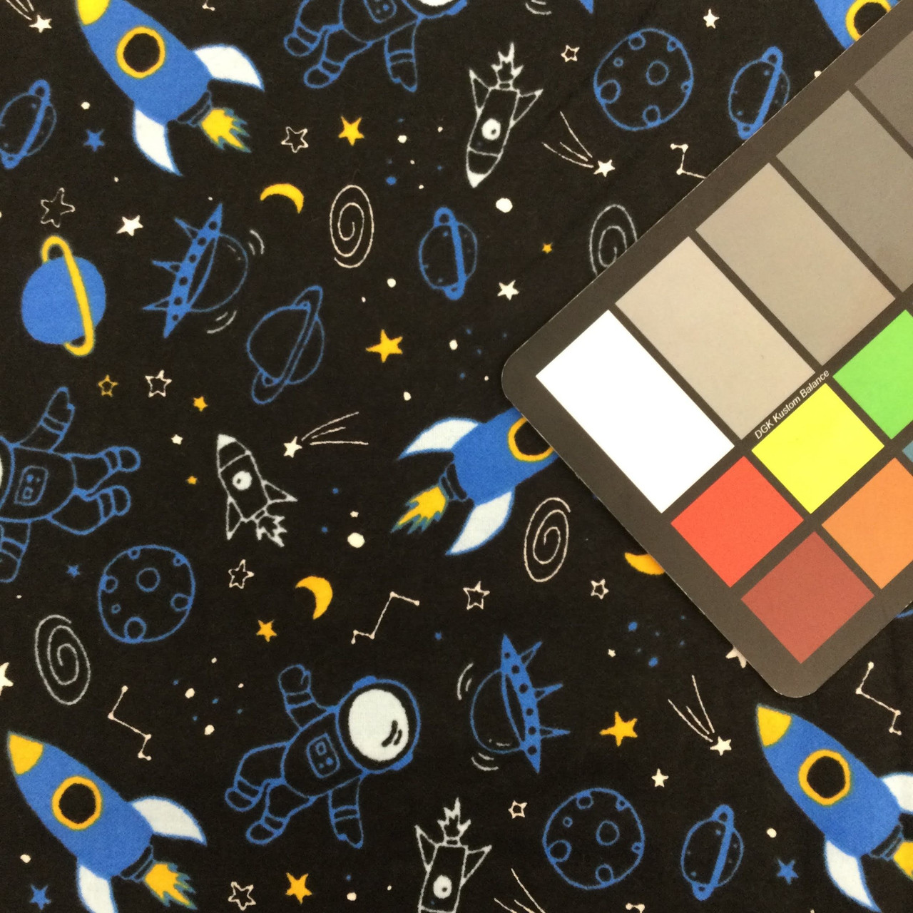 Space Travelers in Black / Blue / Yellow, Juvenile Flannel Fabric, 44  Wide, 100% Cotton