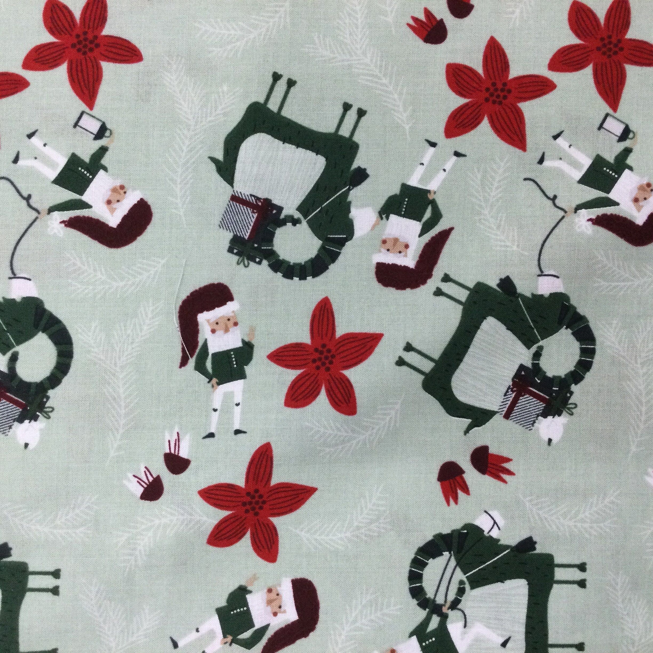 Santa with Sheep in Green and Red, Yuletide by Clothworks, Quilting Fabric, 100% Cotton, 44 wide