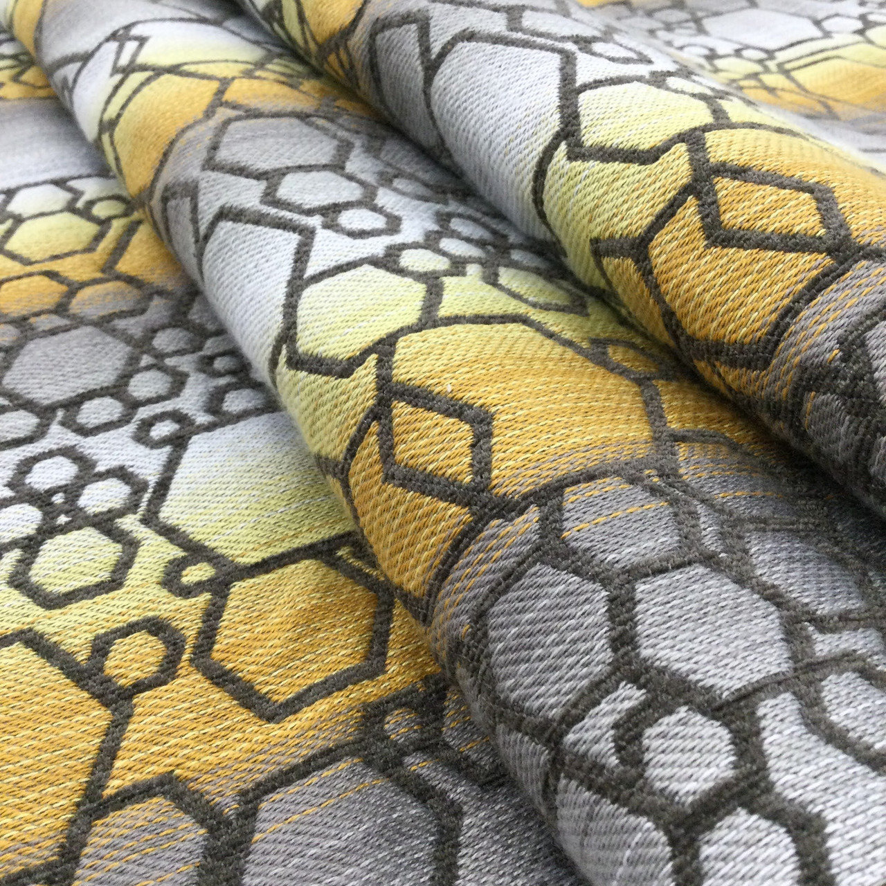 Scroll Swirl Jacquard Fabric, Gold / Grey, Heavy Upholstery, 54 Wide