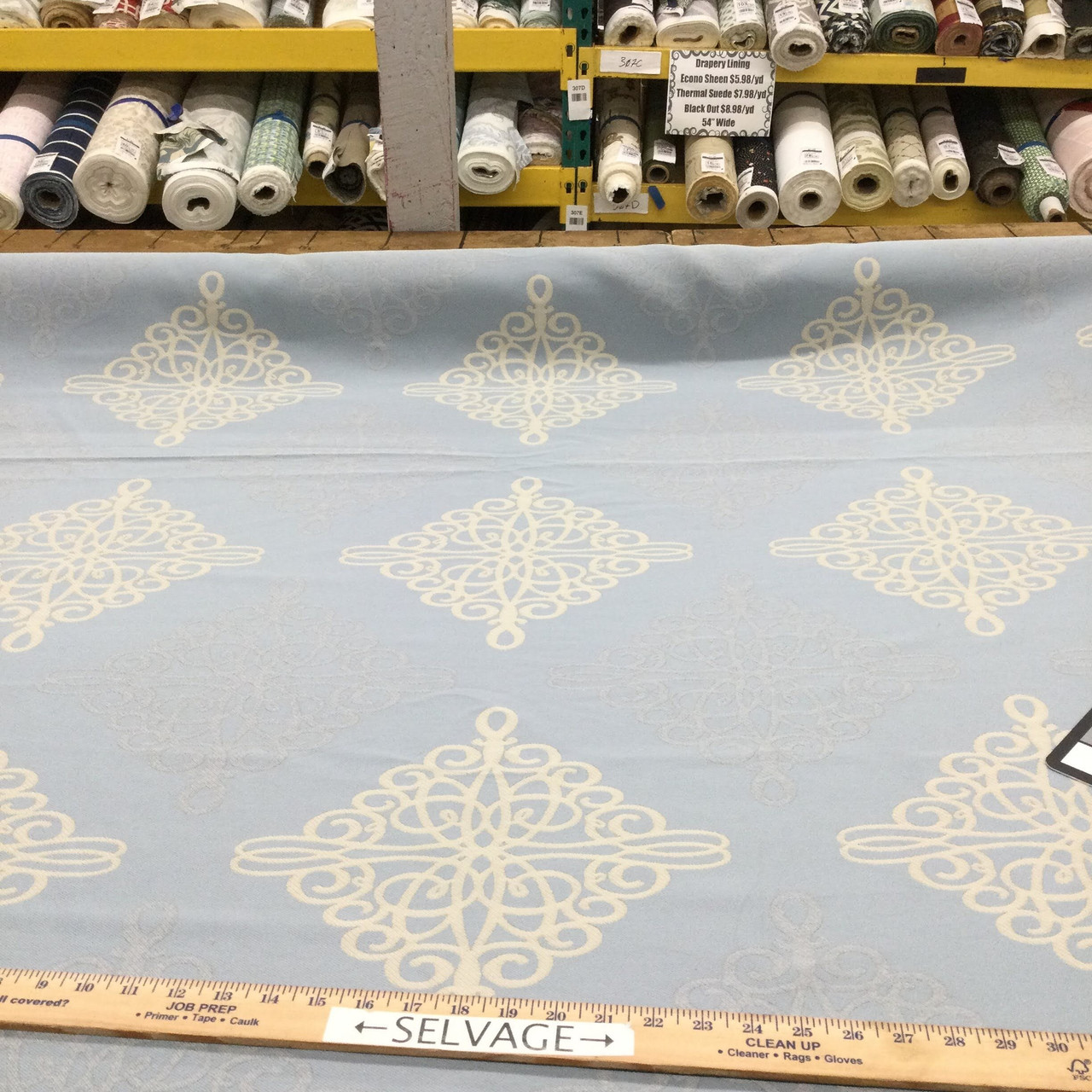Large Scale Scroll Medallion Jacquard Fabric | Blue / Off