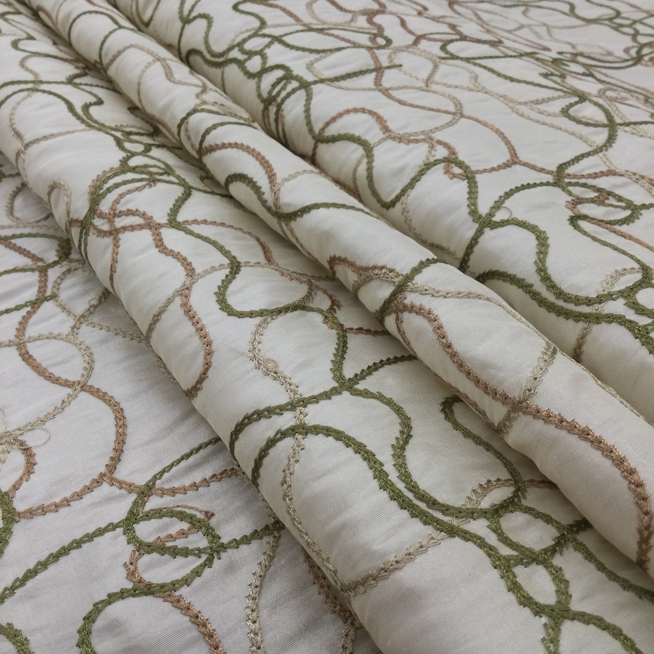 Abstract Embroider in Green and Brown on Cream | Drapery / Upholstery  Fabric | 54 Wide | By the Yard