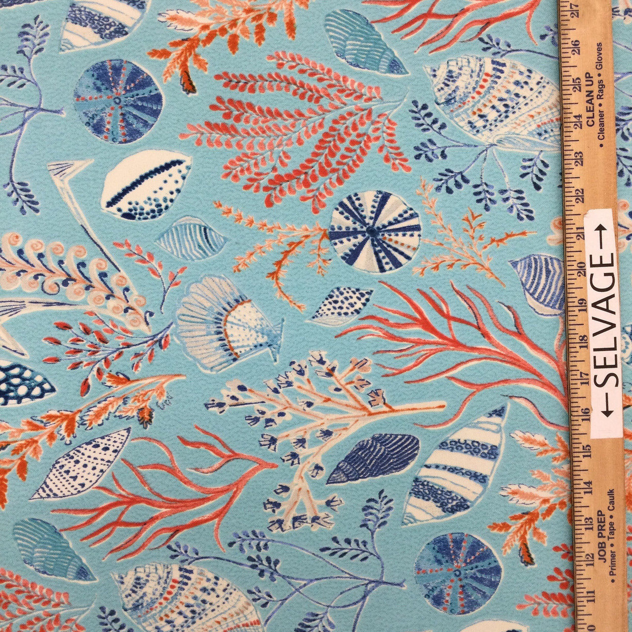 Sea Shells and Coral in Blue / Orange / Red, OUTDOOR Home Decor Fabric, Upholstery, 54 Wide, By the Yard