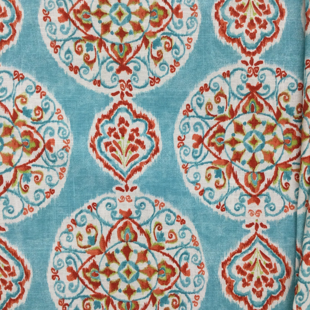 Medallion Design Fabric in Sky Blue / Orange / White | Home Decor