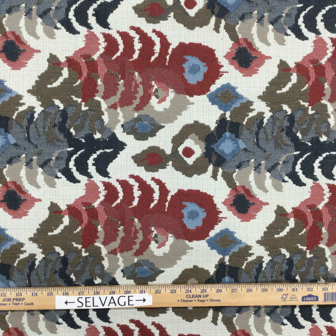 Ikat Design Jacquard Fabric | Red / Blue / Taupe / Off White | Heavyweight Upholstery | 54" Wide | By the Yard | Robert Allen "Pashatex" Pomegranate - Fabric Warehouse