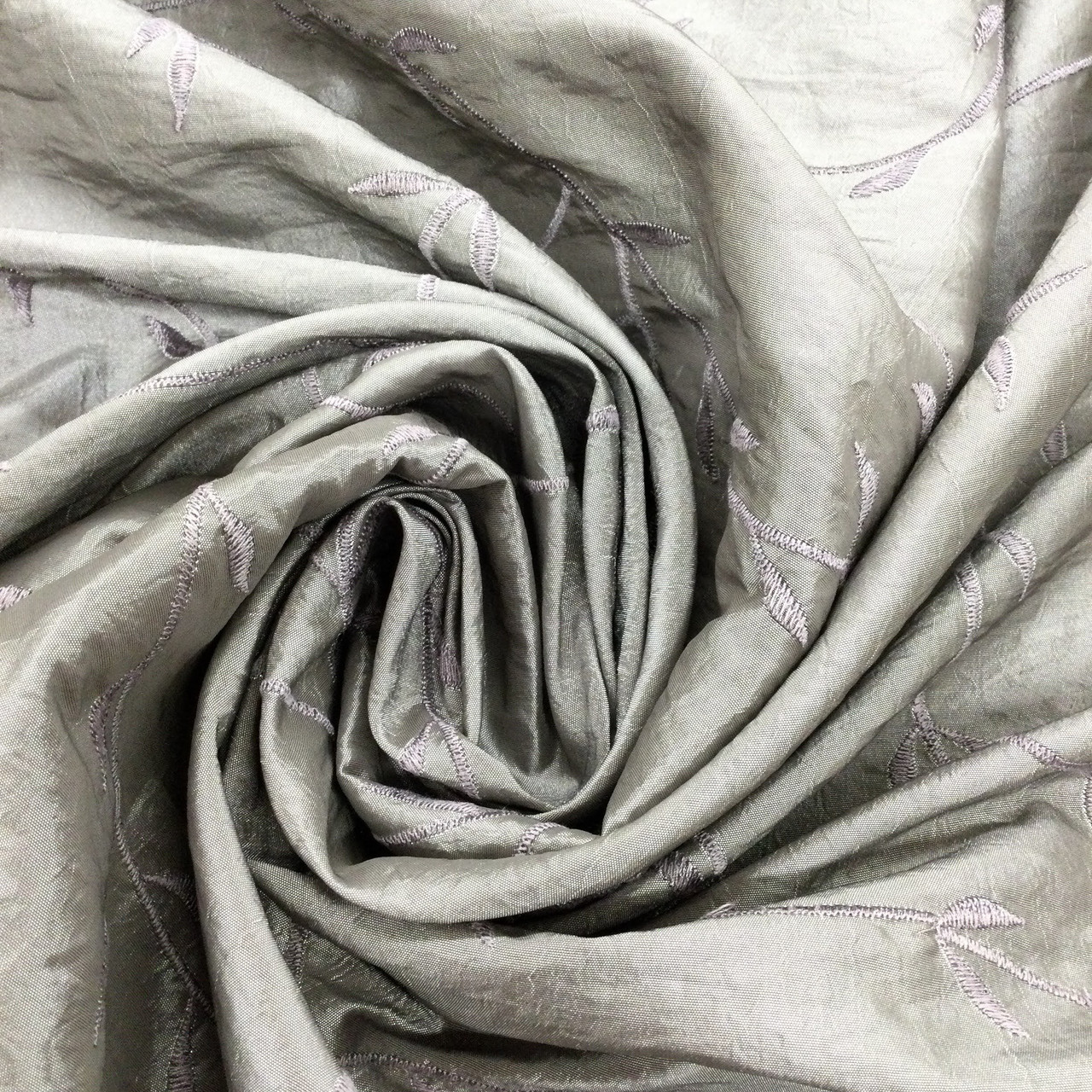 Crinkle Taffeta Fabric with Floral Vine Embroidery in Dove Grey