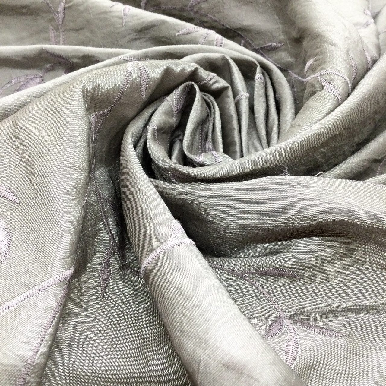 Crinkle Taffeta Fabric with Floral Vine Embroidery in Dove Grey