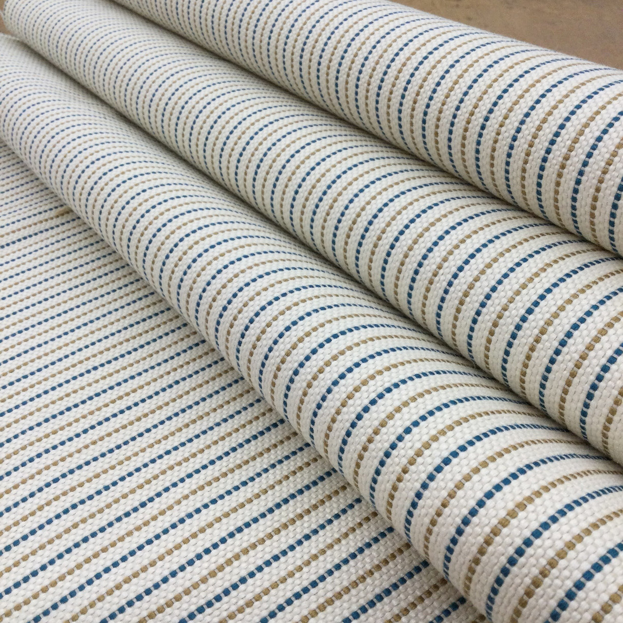 Striped Fabric in Off-White / Teal / Gold | Upholstery / Slipcovers /  Drapery | 54