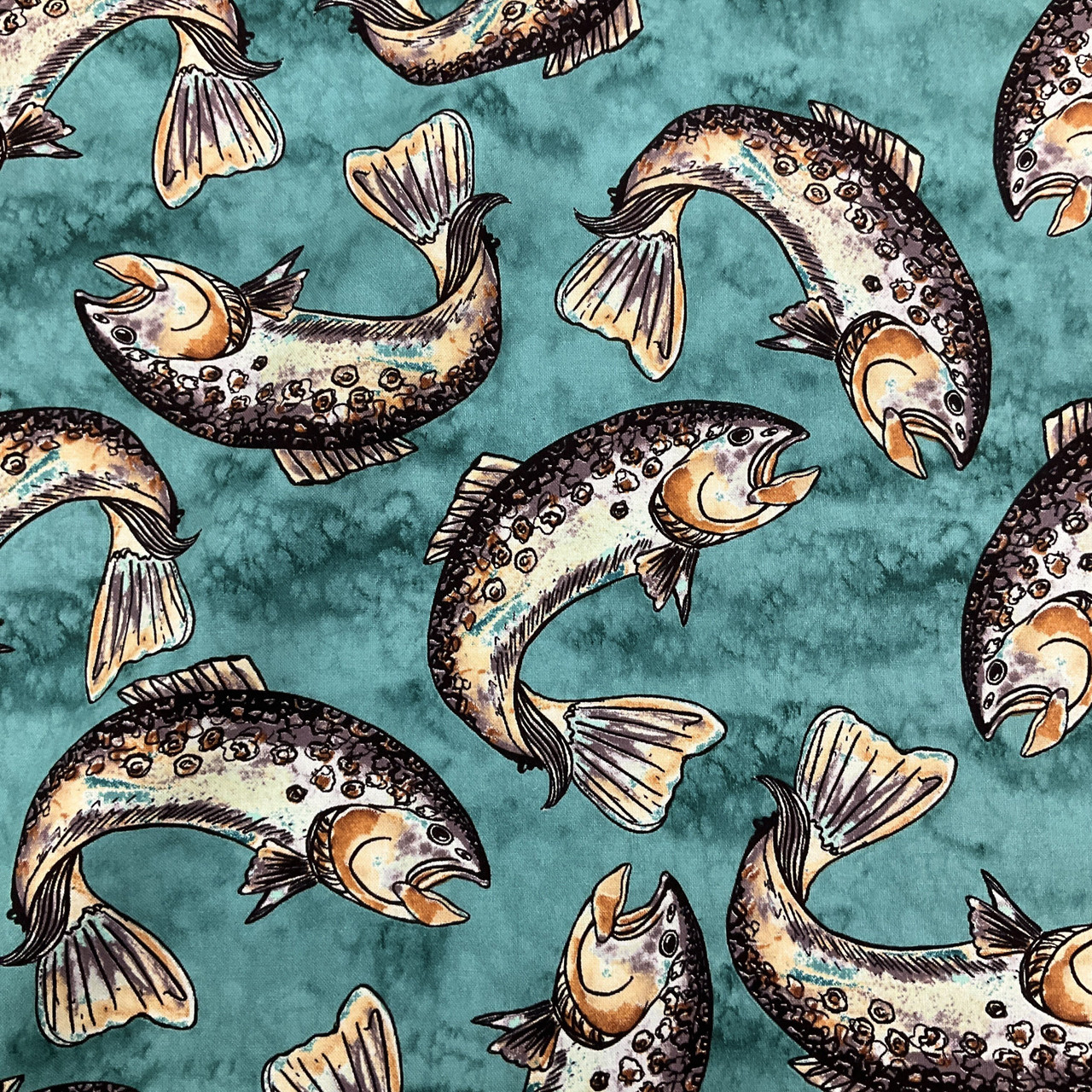 Sea Trout, Fish Themed, Ocean Green / Black / Brown, Sea Fishing by  Alice Hickey, Quilting Fabric, 100% Cotton, 44 wide