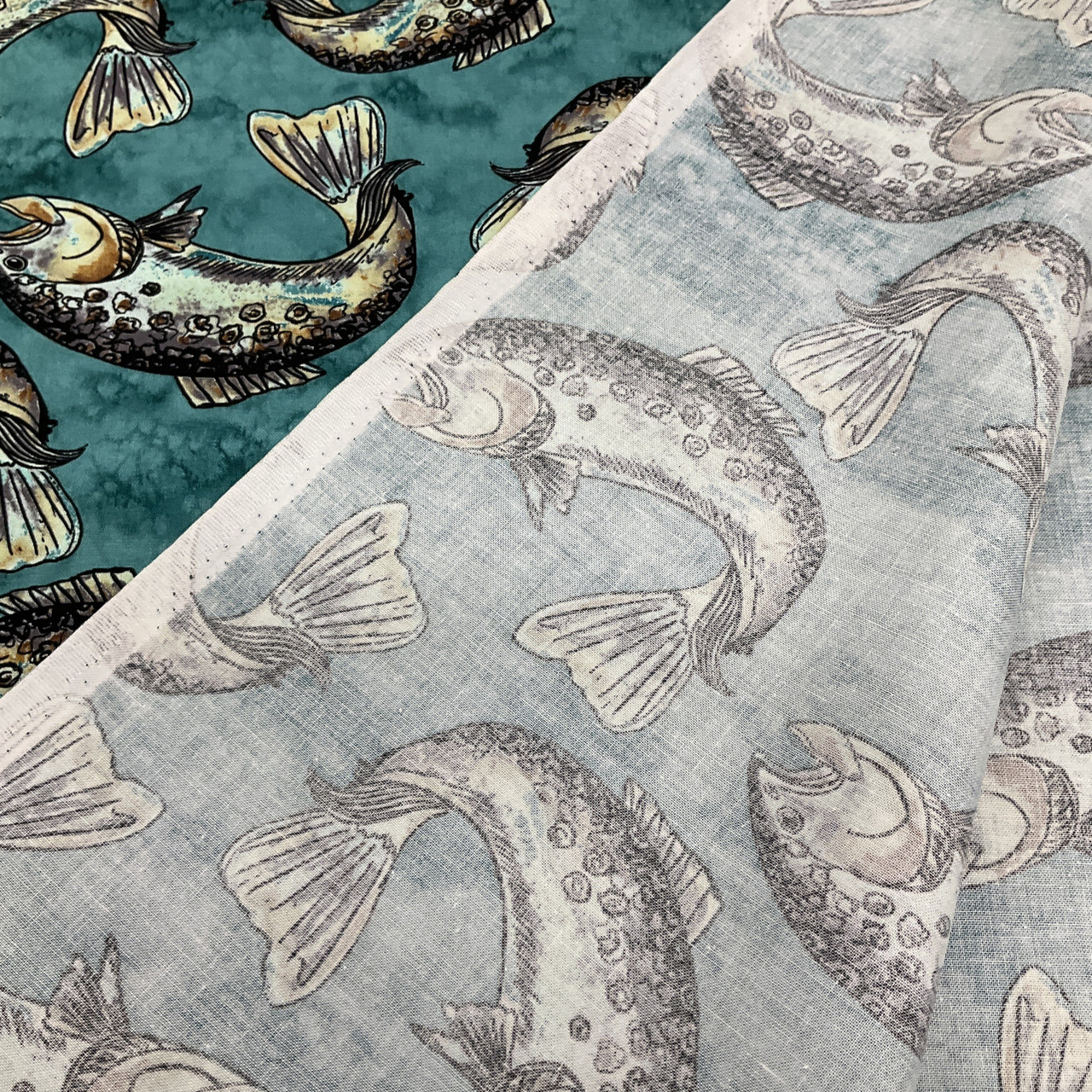 Sea Trout, Fish Themed, Ocean Green / Black / Brown, Sea Fishing by  Alice Hickey, Quilting Fabric, 100% Cotton, 44 wide