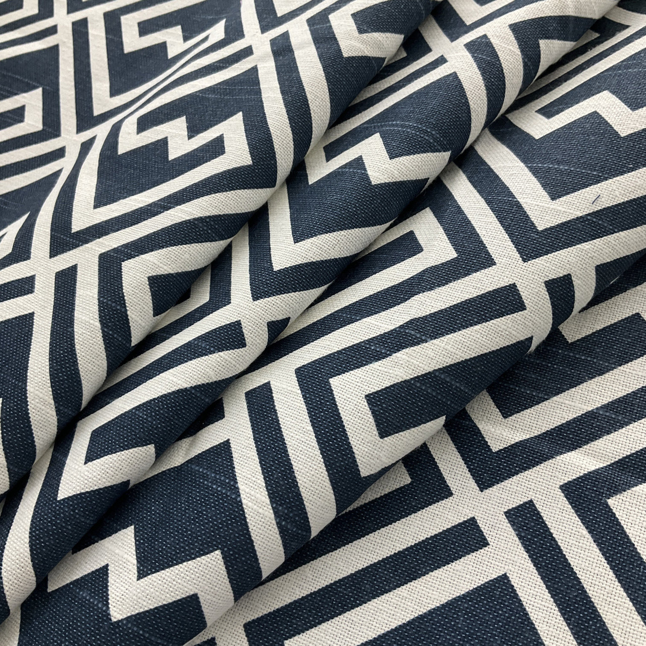 Navy Blue Geometric Trim Drapery and Upholstery Fabric by the Yard