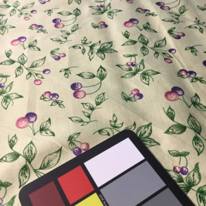 Yellow Green Pink Purple Cherry Print Lightweight Woven Fabric | Poly Cotton | Drapery Apparel Lining Crafts