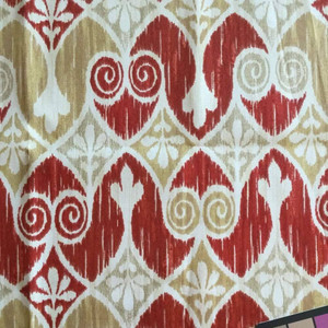 Ikat Scrollwork in Red, Beige, and White | Outdoor Upholstery Fabric | 54 Wide