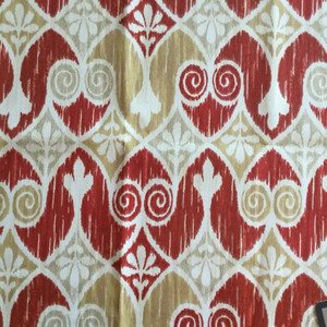 Ikat Scrollwork in Red, Beige, and White | Outdoor Upholstery Fabric | 54 Wide