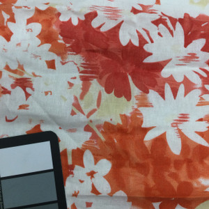 Orange & Tan Floral on White Linen Curtain & light Upholstery Fabric