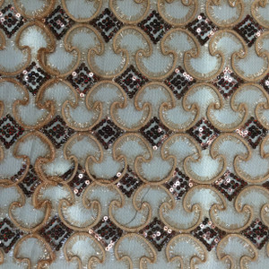 Tan on Brown Mesh Sequined Lace Overlay Fabric | Geometric Motif | Special occasion | Clothing and Apparel | 45 inch Wide | Sold By the Yard