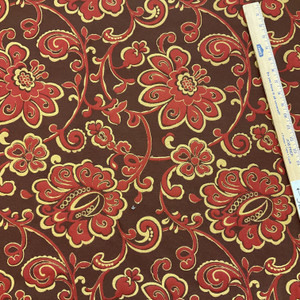 Floral and Vine in Red and Gold on Choco;late Brown Woven Twill Fabric | Mid Weight Upholstery Fabric | Slipcovers | Home Decor | By The Yard | 54 inch wide