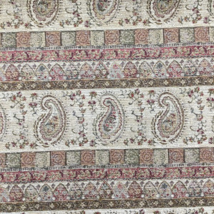 Paisley Decorative Stripe Tapestry Fabric | Beige / Green / Red | Upholstery | 54" Wide | By the Yard