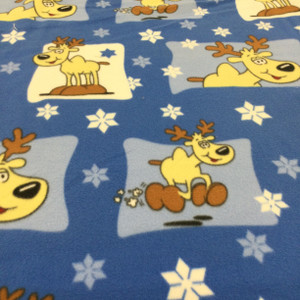 Happy Reindeer on Blue Novelty Polar Fleece Fabric | 100& Polyester | By The Yard | 60 inches wide