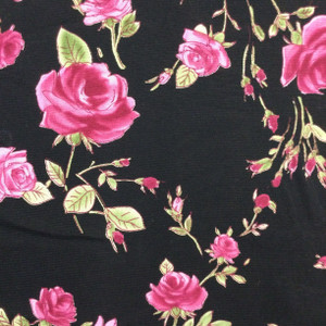 Raspberry Roses on Black | Sheer Polyester Mesh Knit Fabric | Clothing and Apparel | By The Yard | 58"/60" Wide