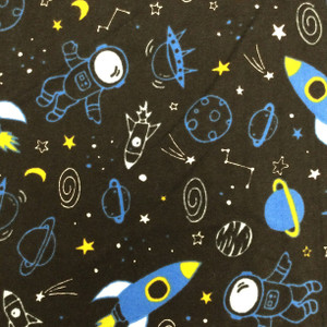 Space Travelers in Black / Blue / Yellow | Juvenile Flannel Fabric | 44 Wide | 100% Cotton | By The Yard