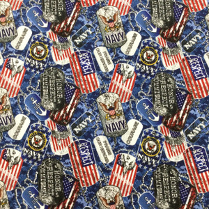 Navy Dog Tags in Blue / Grey / Red  | Quilting Fabric | 100% Cotton | 44 wide | By the Yard 5127