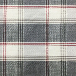 Plaid in Grey, Off White and Red |  Woven Textured | Finished Blackout Curtain Lining | Drapery Fabric | 54" Wide | By the Yard