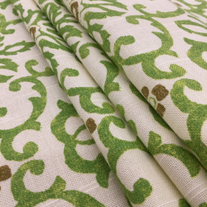 Scrollwork Fabric in Lime Green / Brown / Off-White | Home Decor / Drapery | 54" Wide | By the Yard | Souvenier Scroll in Grannysmith