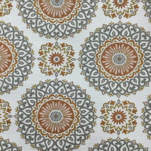 Decorative Medallion Jacquard Fabric | Orange / Grey / Gold / Off White | Heavyweight Upholstery | 54" Wide | By the Yard | Brianne in Marmalade